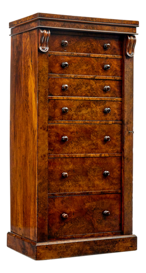 Early Victorian Wellington Burr Walnut Chest, 1840s