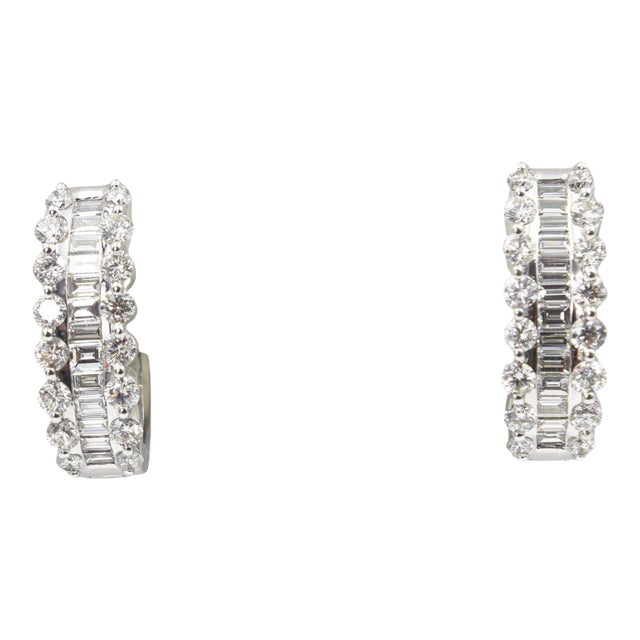 Diamond White Gold Hoop Huggie Earrings with Round and Baguette Daimonds - 2 Pieces For Sale