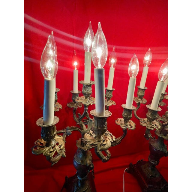 Art Nouveau Antique 19th Century Candelabra Lamps, Brass on Heavy Marble - a Pair For Sale - Image 3 of 12