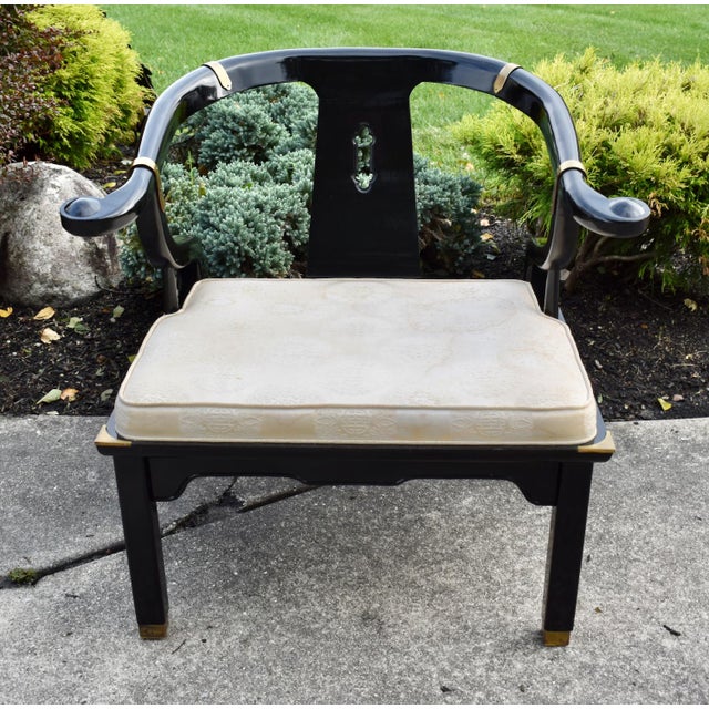 Paint Vintage Century Chair Black Lacquer Horseshoe Ming Chair Brass Accents For Sale - Image 7 of 17