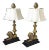 Mid 20th Century Cast Brass Lion Motif Table Lamps With Scalloped Silk Shades, Acorn Finial - A Pair For Sale