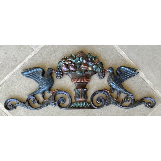 Victorian Circa Late 19th-Century Cast Iron Victorian-Style Pediment With Fruit Urn & Swooping Ravens For Sale - Image 3 of 18