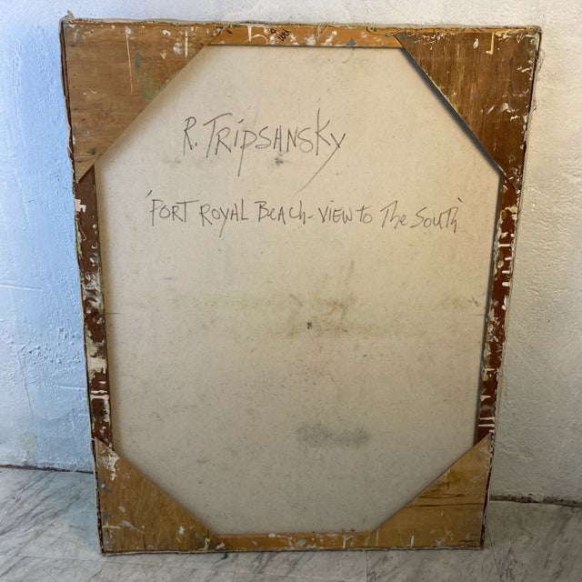 This large painting is in oil on canvas. A beach scene that brings a vacation to your room. Signed and titled on the back