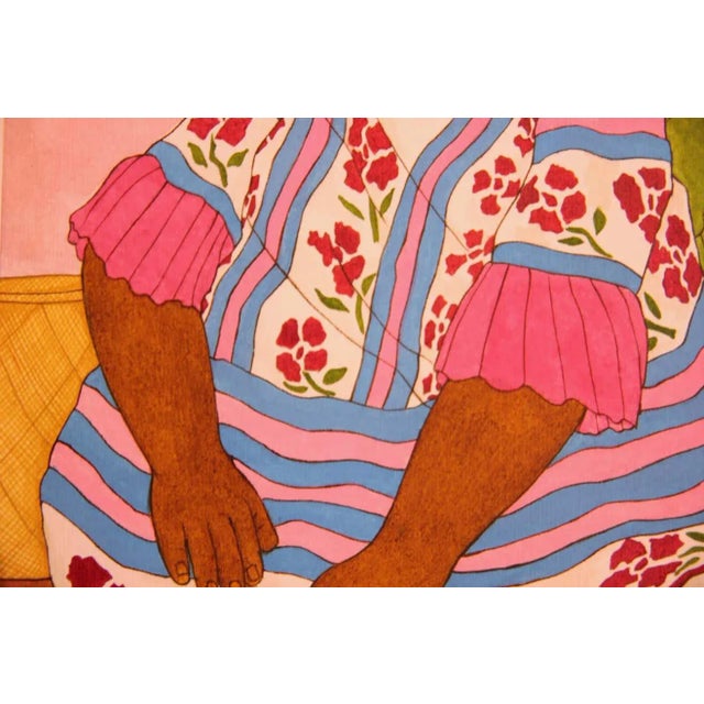 1990s Nadine Mayes Colorful Watercolor Portrait of Seated Female in Blue and Pink Floral Dress 1990s For Sale - Image 5 of 11