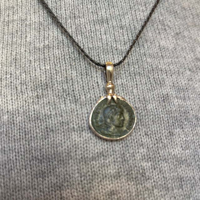 Antique Roman Coin Pendant W Delicate Silver Leaves at Bale For Sale - Image 4 of 10