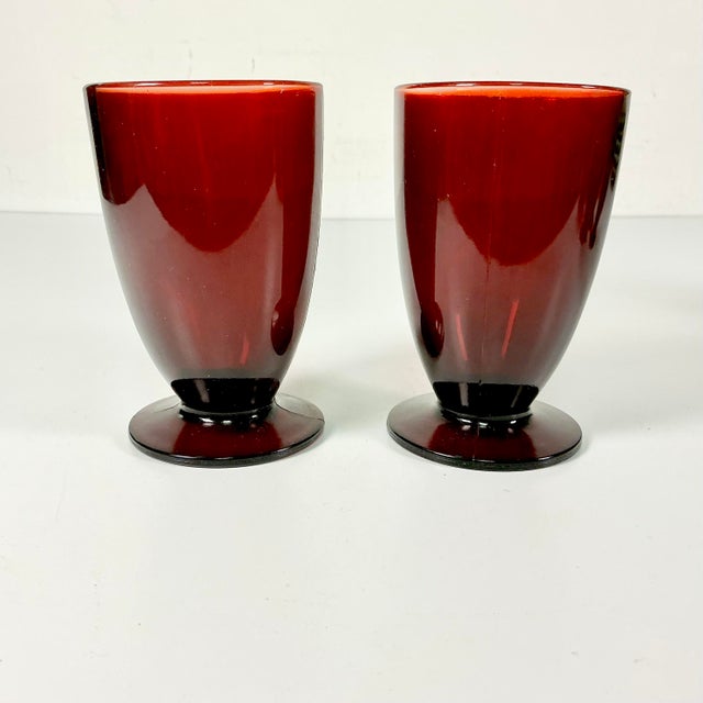 Ruby Red 1920s Antique Art Deco Boho Chic Hollywood Regency Ruby Red Footed Tumbler Glasses - Set of 6 For Sale - Image 8 of 11