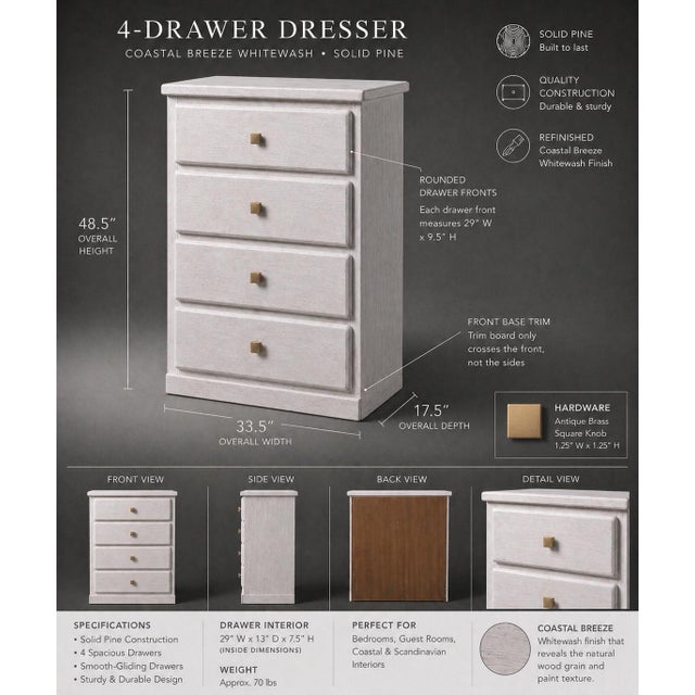 A beautifully refinished solid pine 4-drawer dresser in our signature Coastal Breeze finish, showcasing a soft whitewashed...