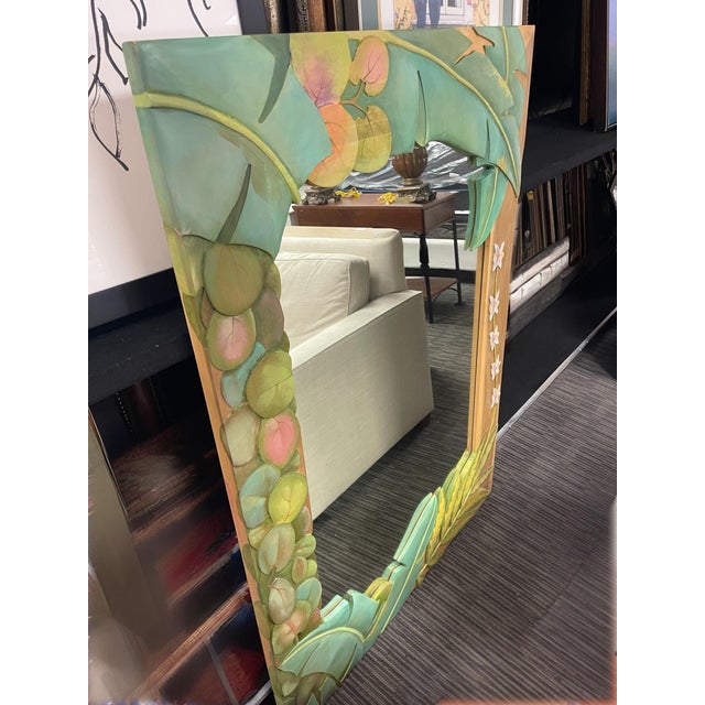 90s Oversized Boho Tropical Leaf Wall Mirror, Hand Carved, Signed Heffner & Vatalaro For Sale - Image 4 of 12