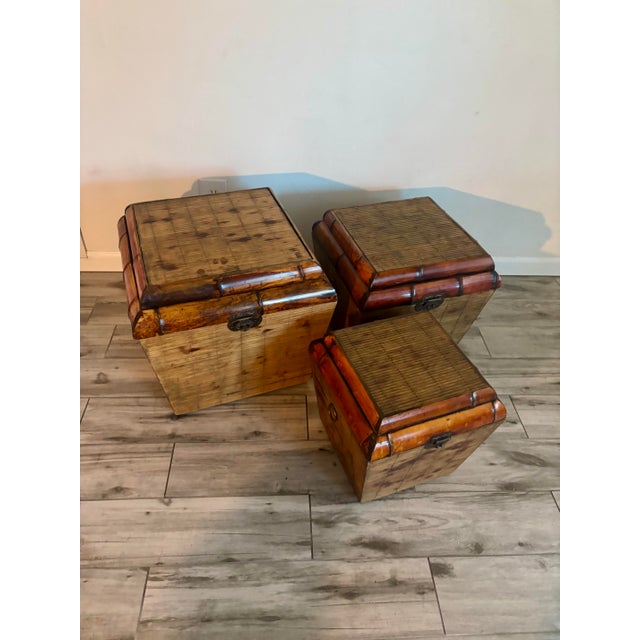 Contemporary Set of Three Vintage Nesting Bamboo Boxes, Organic Modern Design For Sale - Image 3 of 8