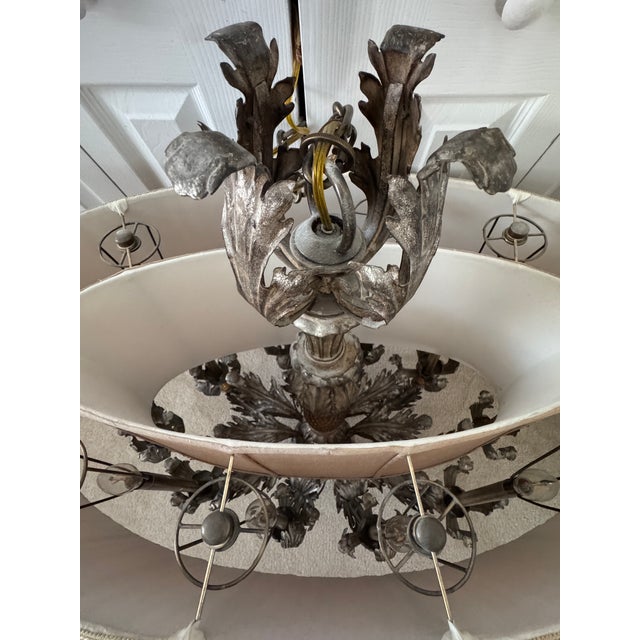 Vintage Fine European Gilt Silver Iron & Wood Double-Shaded Chandelier For Sale - Image 6 of 18
