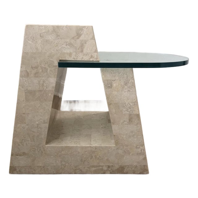 1980s Postmodern Tessellated Mactan Stone Side Table With Semi-Circular Glass Top For Sale
