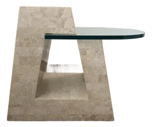 1980s Postmodern Tessellated Mactan Stone Side Table With Semi-Circular Glass Top