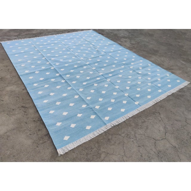 Mid-Century Modern Handmade Cotton Pattern Leaf Pattern Rug, Sky Blue and White 8'x10' For Sale - Image 3 of 11