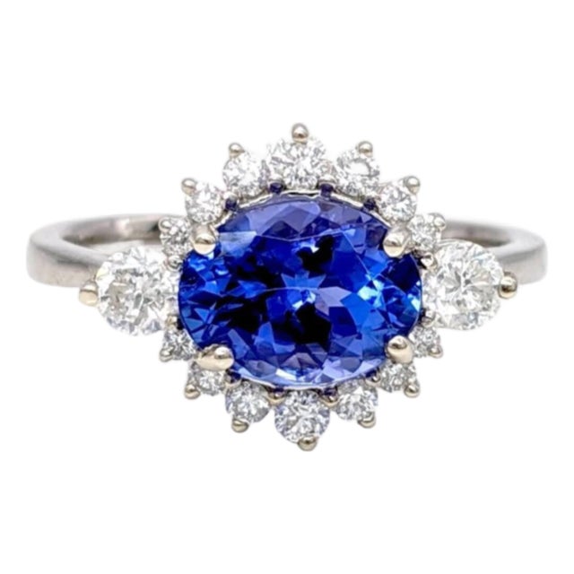 Tanzanite Diamond Halo Ring With Cathedral Shank: Solid 14k Gold, Oval 8.5x6.5mm, Size 6.75 For Sale