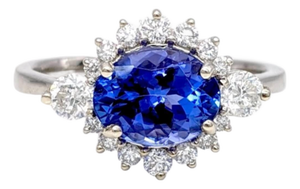 Tanzanite Diamond Halo Ring With Cathedral Shank: Solid 14k Gold, Oval 8.5x6.5mm, Size 6.75