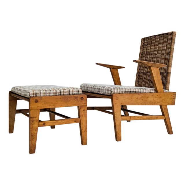 Set of Chair with Ottoman in Beech and Rattan from Úľuv, 1960s For Sale