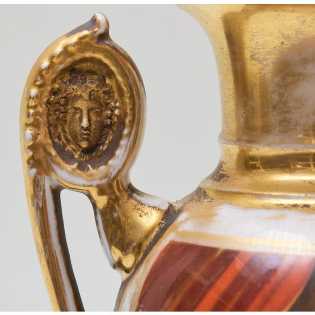 A Pair of 19th Century French Empire Vases Old Paris Porcelain Gilt Ground Pastoral and Figural Mant For Sale - Image 4 of 12
