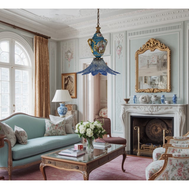 This unique pendant light combines an antique French Sèvres-style porcelain urn in the bleu céleste glaze with a vintage...