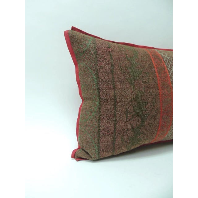 19th century antique woven red Kashmir paisley bolster decorative pillow. 19th century antique woven red and green Kashmir...