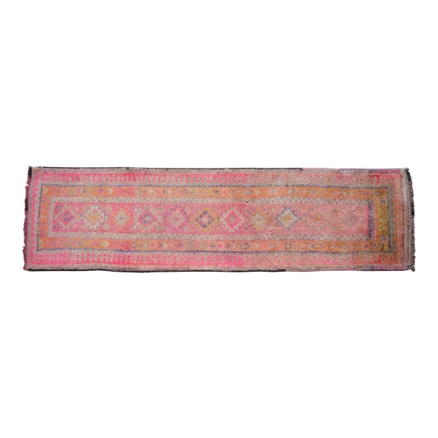 Hand-Knotted Turkish Kurdish Rug Pink Runner. High Pile Tribal Short Runner 2′8″ × 10′2″ For Sale
