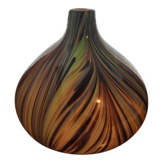 Large 11" Attributed to Murano Pulled Feather "Fenicio" Art Glass Vase – Fiery Sunset Palette For Sale