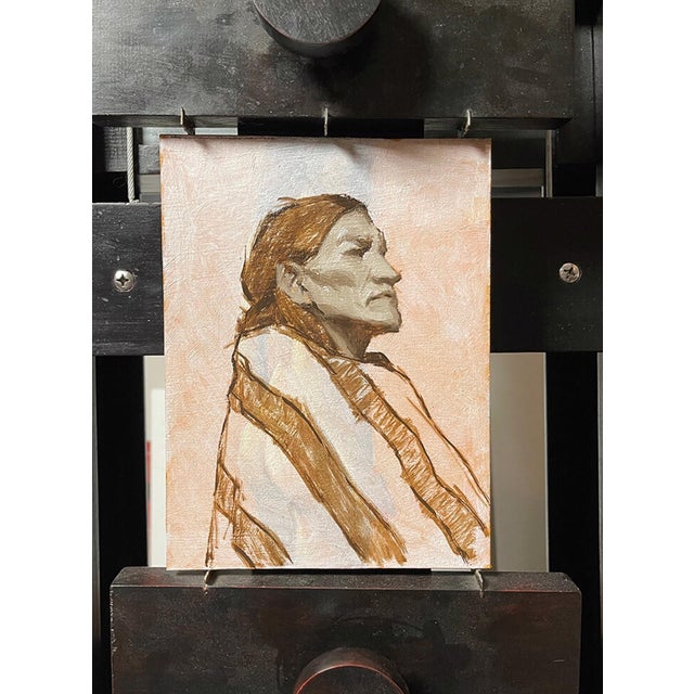 The Old One by Mark Bradley Schwartz | Oil On Board Portrait of a man in traditional attire For Sale - Image 4 of 4