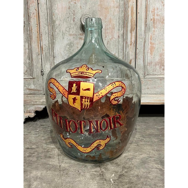 Transparent Hand Painted Antique Demi John Bottle From Normandy, France, ‘Pinot Noir’, Original Crate For Sale - Image 8 of 10
