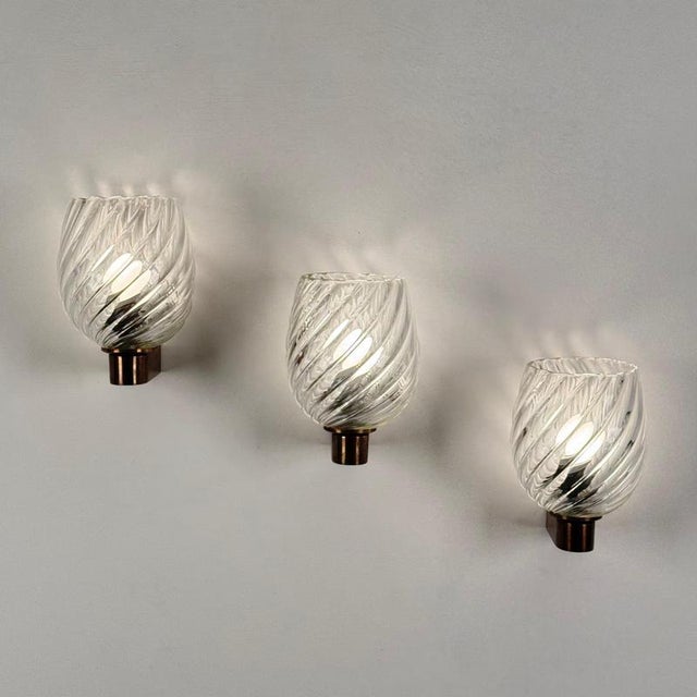 Spiral-Glass Wall Sconces attributed to Ercole Barovier for Barovier & Toso, 1940s, Set of 3 For Sale - Image 9 of 18