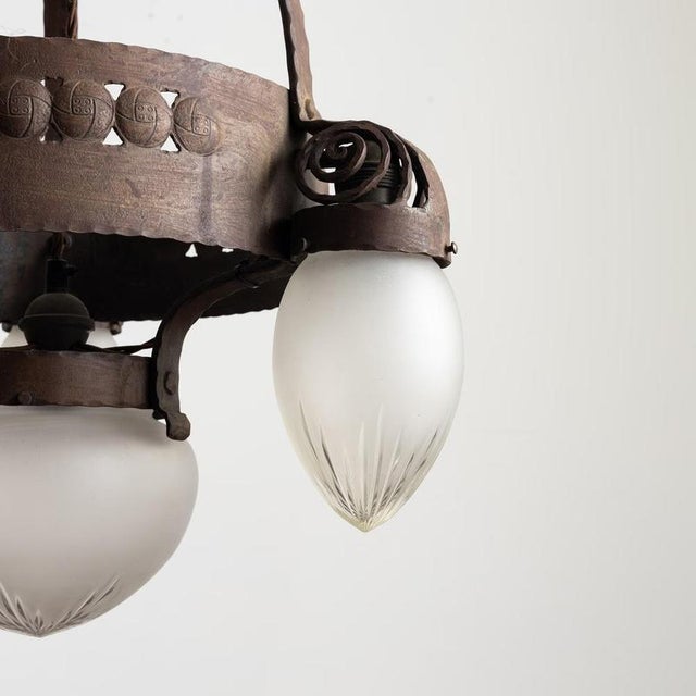 Early Swedish Modern Ceiling Pendant Chandelier Lamp in Iron & Glass by Böhlmarks, 1910s For Sale - Image 3 of 5