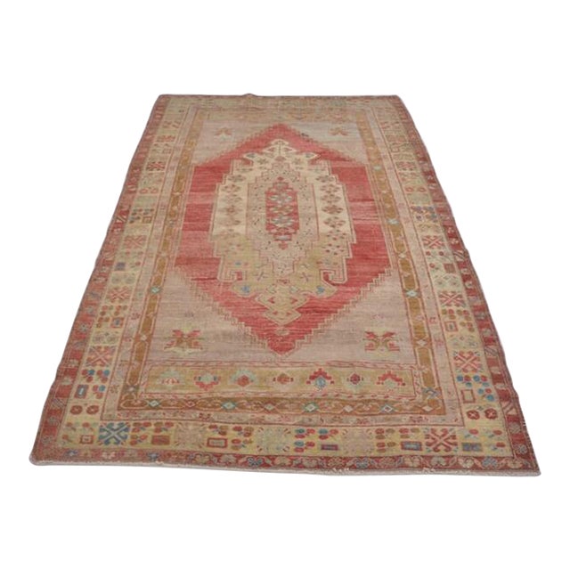 Vintage Distressed Turkish Oushak Rug in Crimson Red, Navy Blue & Soft Sage For Sale