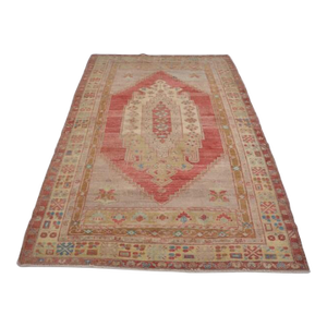 Vintage Distressed Turkish Oushak Rug in Crimson Red, Navy Blue & Soft Sage