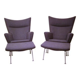 Pair of Hans Wegner Ch445 Wing Lounge Chairs and Ottoman For Sale