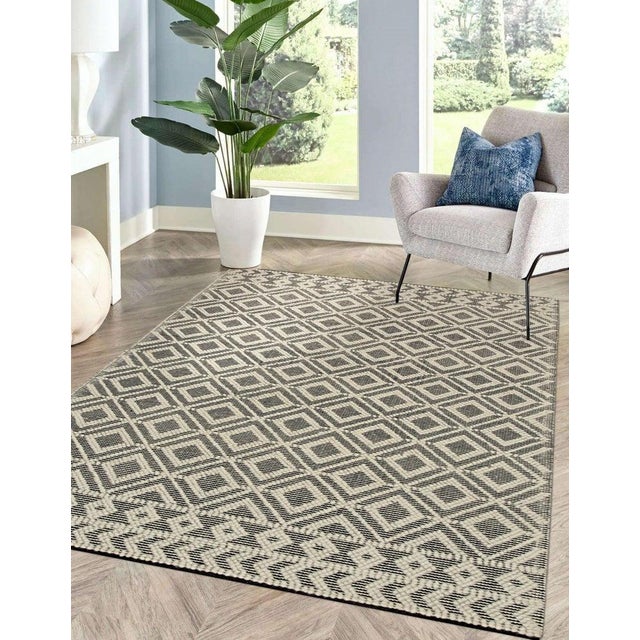 2020s 8x0 Black Hand-Knotted Wool Diamond Gridlock Geometric Modern Carpet Rug For Sale - Image 5 of 7