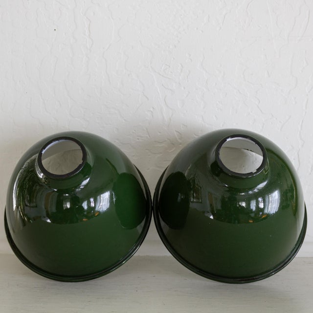 Two Small Industrial Green and White Enamel Domed Factory Pendant Shades For Sale - Image 6 of 11