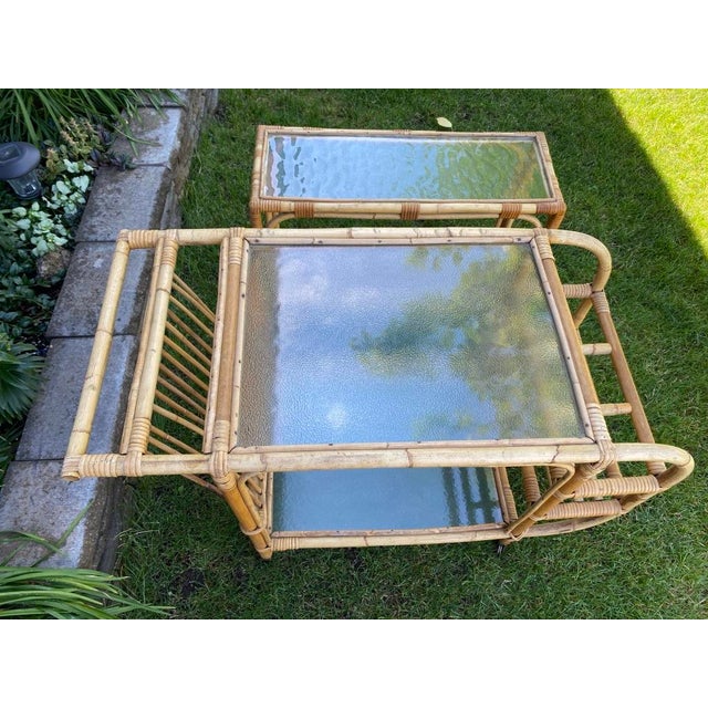 1950s Mid Century Bamboo and Rattan Bar Cart Trolley - Set of 2 For Sale - Image 9 of 12