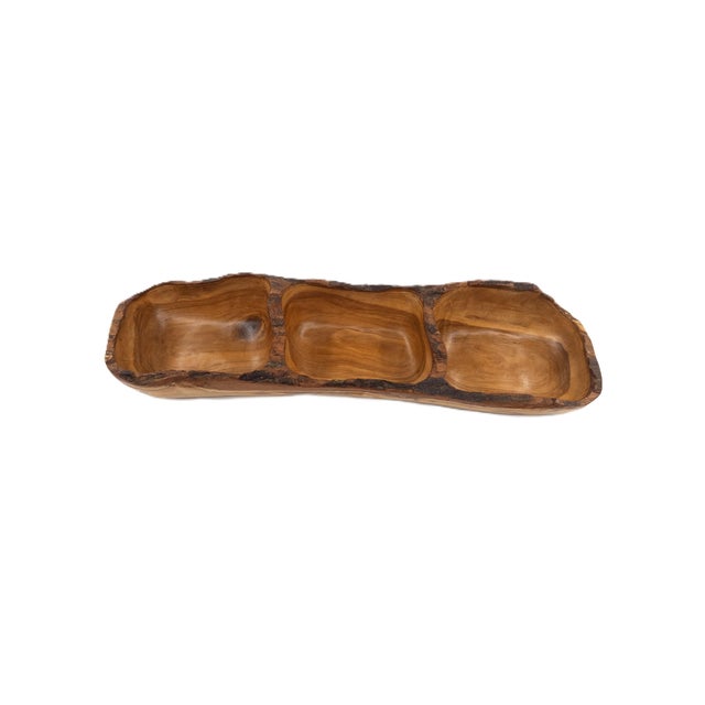 Wood Hand-Carved Peruvian Olive Wood 3-Section Serving Bowl With Live Edge 18.75"l For Sale - Image 7 of 15