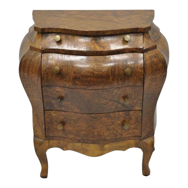 Small Italian Jewelry Chest Burl Olive Wood French Louis XV Style Bombe Commode For Sale