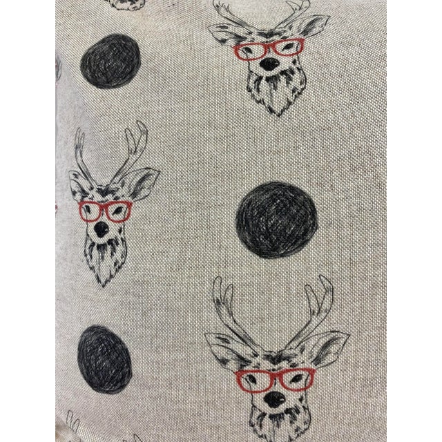 2020s Whimsical Reindeer Wearing Red Glasses Christmas Themed Bolster Pillow With Candy Stripe Back - Made in U K For Sale - Image 5 of 9