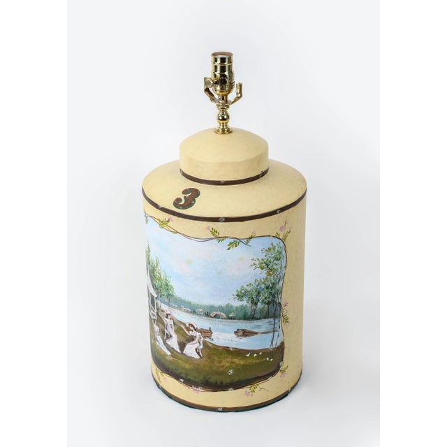 English Vintage English Hand-Painted Landscape Tole Tea Caddy Table Lamp With Pavilion For Sale - Image 3 of 11