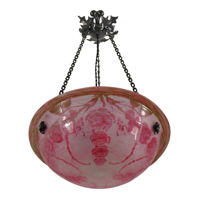 French Art Deco Pendant Light by Le Verre Francais Schneider - 1925 Cameo Chandelier France For Sale