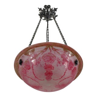 Schneider Le Verre Francais French Art Deco Roses Sauvages Cameo Chandelier - 1920s For Sale