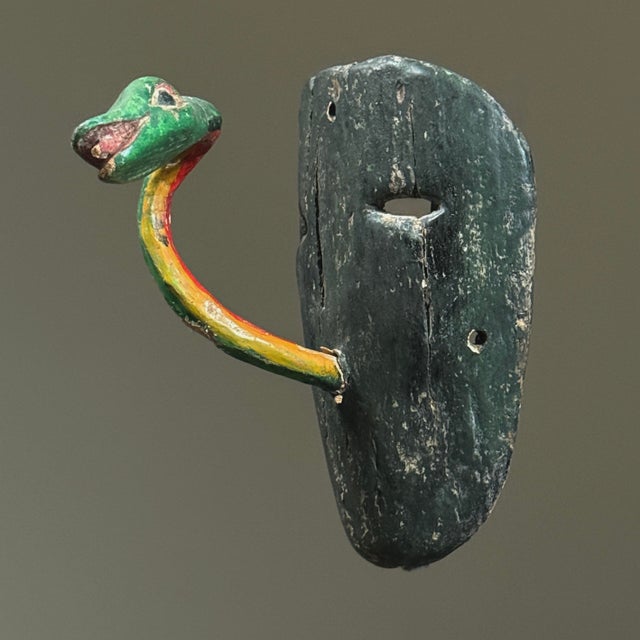 1920s Antique Hand Carved Folk Art Polychrome Mexican Dance Mask W/ Snake For Sale - Image 5 of 8