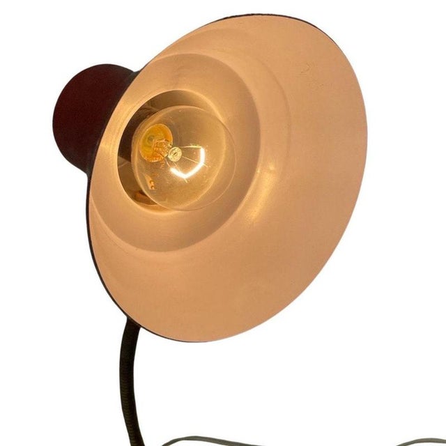 Red Red Desk Lamp with Faux Wooden Base and Accent & Brass Gooseneck For Sale - Image 8 of 9