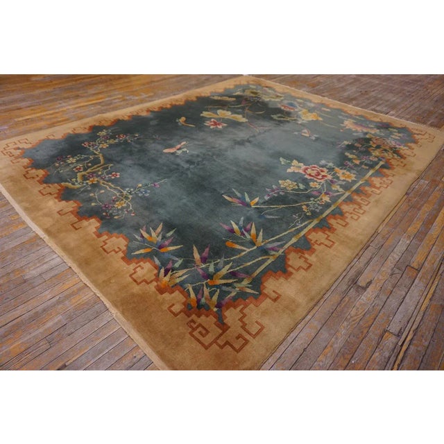 1920s Green Floral Modernist Chinese Art Deco Carpet 8'10" X 11'5" Knotted Wool Rug For Sale In New York - Image 6 of 13
