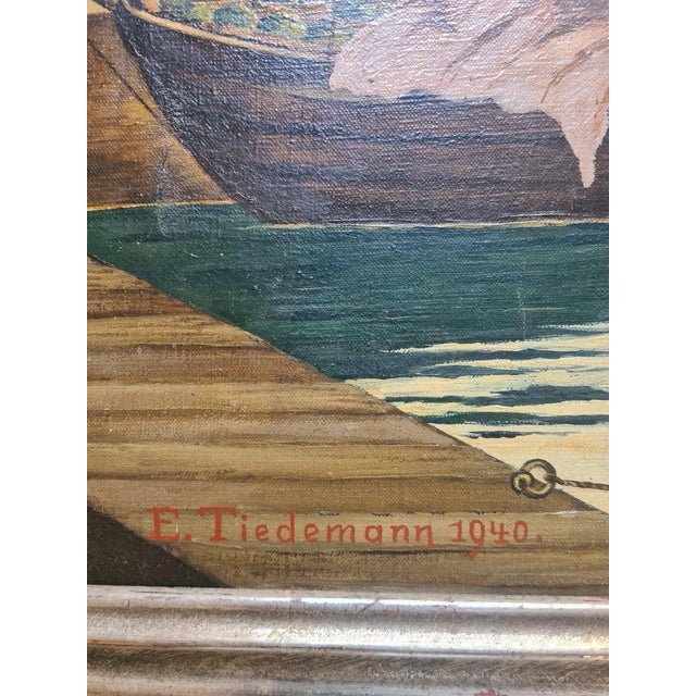 Mid 20th Century Mannerist view of boats in a harbour scene by E Tiedemann. The painting is signed and dated bottom left....