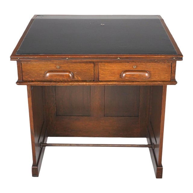 Antique Black Leather Top Oak Slanted Writing Desk For Sale