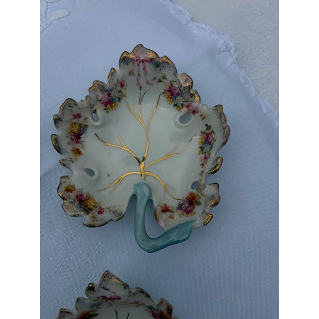 Victorian Vintage Hand-Painted Porcelain Leaf Dishes With Pink & Blue Stems - Set of 4 For Sale - Image 3 of 11