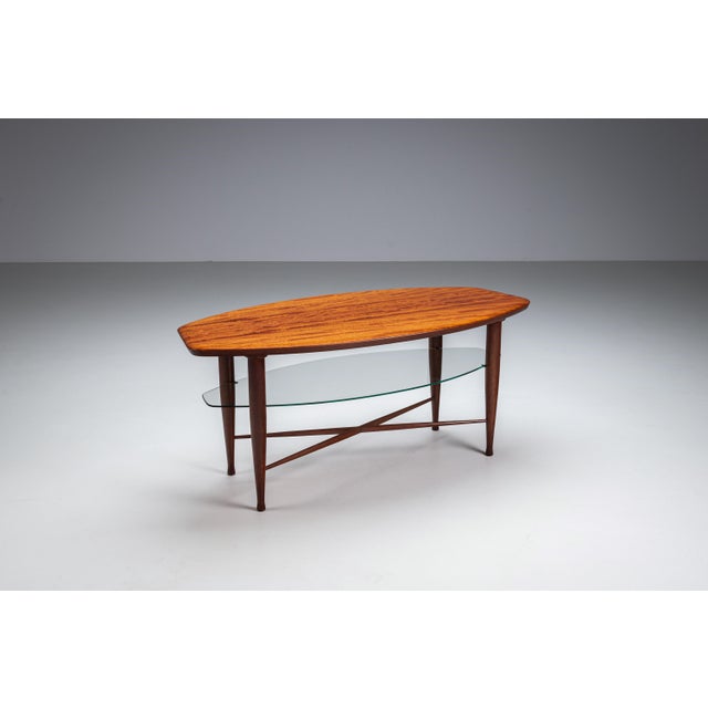 Assymetrical Coffee Table with Glass Storage and Cross Leg Details, 1960s For Sale - Image 4 of 14