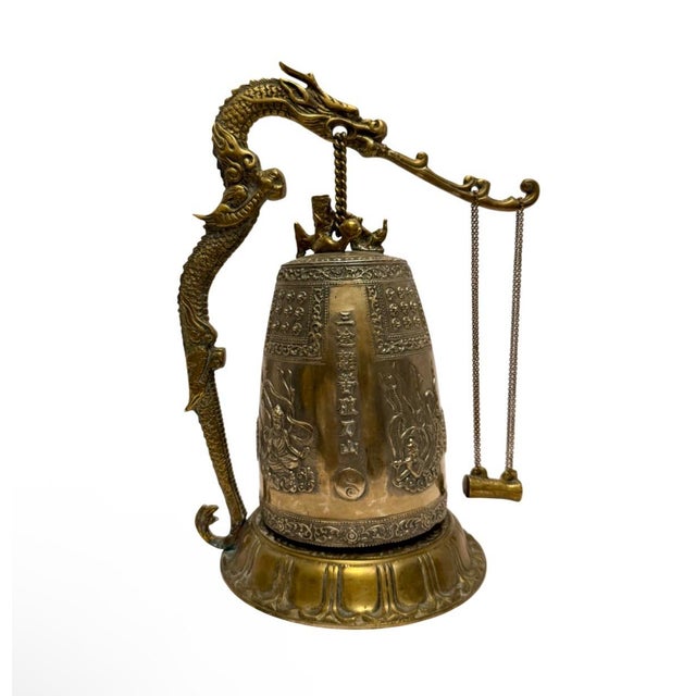 1960s Vintage Asian Temple Dragon Bronze Bell on Stand Hammer Pendulum Rare. For Sale - Image 5 of 11