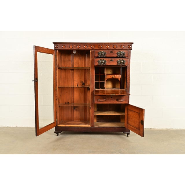 R. J. Horner & Co. Antique Victorian Carved Oak Smoker's Display Cabinet With Drop Front Desk, Circa 1900 For Sale - Image 4 of 13